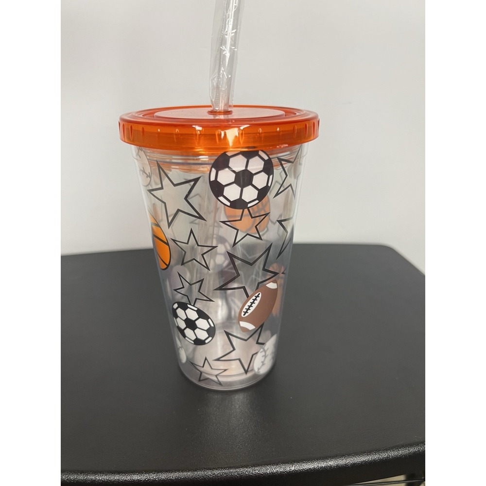 Sports Ball Tumbler 15oz Plastic Insulated Cup w/ Lid Kids NEW